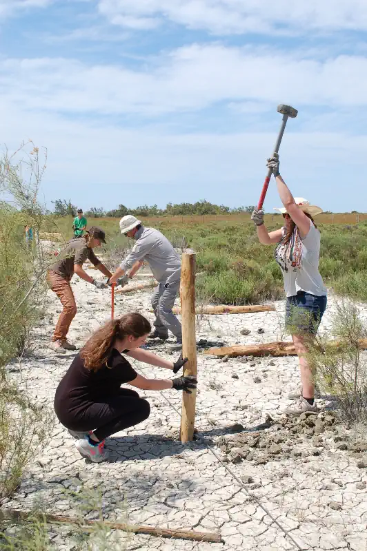 Volunteers working on a construction field